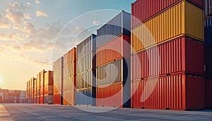 Colorful shipping containers stacked high in port at sunset. Containers in vibrant colors create pattern against setting sun. photo