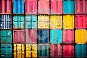 Colorful shipping containers stacked in a rectangular pattern