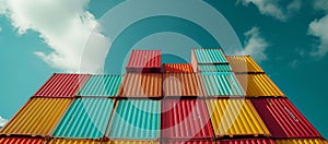 Colorful shipping containers stacked under a blue sky, modern cargo and freight concept. industrial storage yard