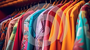 Colorful shirts hanging on a rack in an upscale clothing store, AI