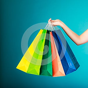 Colorful shopping bags in female hand. Sale retail