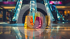 Colorful shopping bags on the floor of a shopping mall