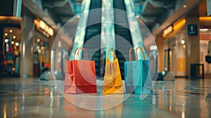 Colorful shopping bags on mall escalator. Consumerism and shopping concept