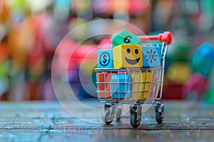 Colorful shopping concept with smiling face and percentage symbol in mini cart