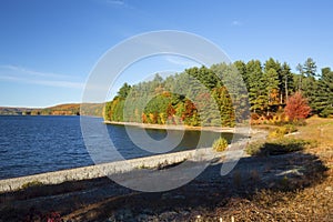 Colorful shoreline of Barkhamsted Reservoir in October.