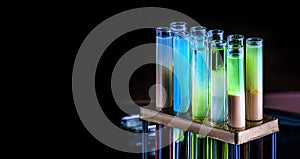 Colorful shot drinks in glass tubes. Dark background, atmospheric bar image. Laboratory glassware with alcohol cocktails