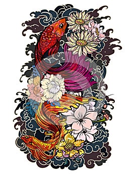 Colorful Siamese fighting,coloring book japanese style.Japanese old dragon for tattoo. Traditional Asian tattoo