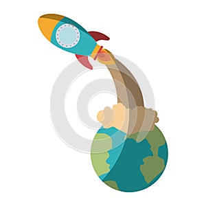 Colorful silhouette of earth globe and space rocket launching without contour and shading