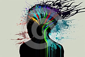 Colorful silhouette of a female head with abstract paint splashes