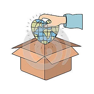 Colorful silhouette hand holding a globe earth world in heart shape to deposit in cardboard box