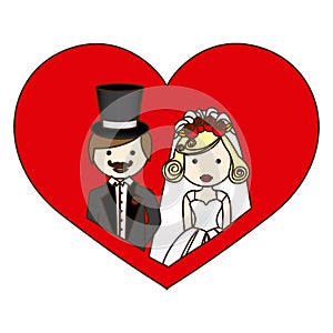 colorful silhouette heart with half body cartoon married couple