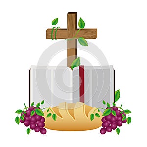 colorful silhouette with holy bible open with cross and bread and grapes