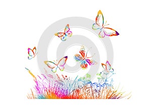 Colorful silhouettes of grass, flowers and butterflies. Abstract floral vector background