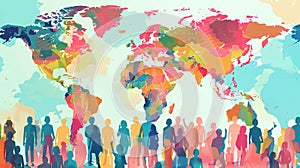 Colorful silhouettes people representing a diverse global population on a world map, for World Population Day, banner