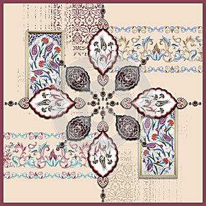 colorful silk scarf design with ottoman tile ornaments