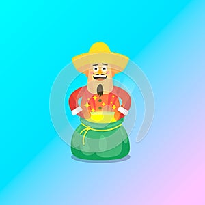 Simple flat art vector illustration of joyful guy in a sombrero and Christmas outfit with an open shining magic bag in hi photo