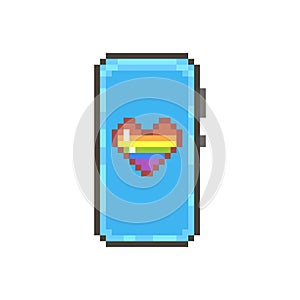 Simple flat pixel art illustration of modern smartphone with lgbt rainbow flaf in shape of love heart on the screen photo
