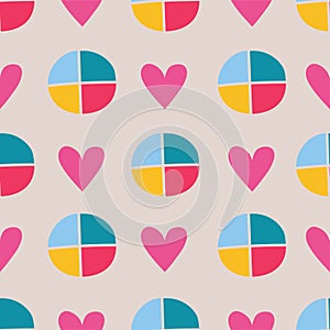 Colorful simple geometric seamless pattern with heart and colour wheel.