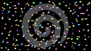 Colorful simple party confetti flying on black background, star ribbon confetti glitter on black, geometric stars ribbons