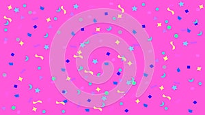 Colorful simple party confetti flying on pink background, star ribbon confetti glitter on purple, geometric stars ribbons