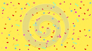 Colorful simple party confetti flying on yellow background, star ribbon confetti glitter on yellow, geometric stars ribbons