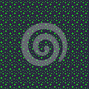 Simple vector pixel art seamless pattern of minimalistic neon green crosses on black background