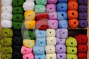 Colorful skeins of wool yarn