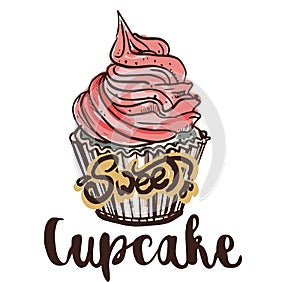 Colorful  sketch of a  beautiful bakery cupcake sweat creame pattern  on a  background drawing picture   Flat vector