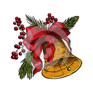 Colorful sketch of Christmas handbell, vector icon