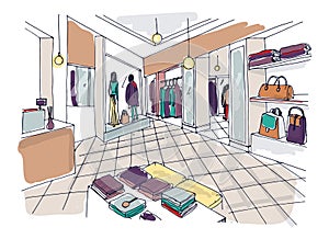 Colorful sketch of fashion showroom or shop, trendy apparel store or clothing boutique interior with shelving, counter