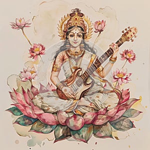 colorful sketch of goddess sarswati