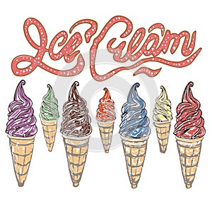Colorful  sketch of a hand drawing ice creame pattern  on a white background drawing  eps Flat vector