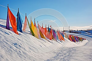 colorful ski flags marking the edge of a slope