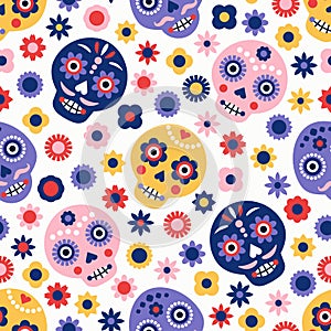 Colorful skull vector seamless pattern. Dia de los muertos holiday background