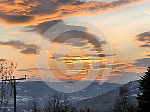 Colorful sky at dawn in Faberg near Lillehammer in Norway 21.4.2019