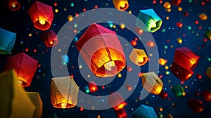 Colorful Sky Lanterns Floating Upwards at Night