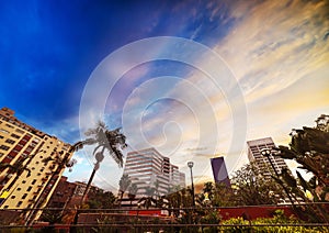 Colorful sky over Pershing square in downtown Los Angeles