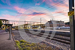 Colorful sky at a Swiss railway station