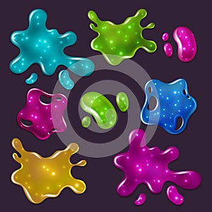 Colorful slime set. Glossy goo dirty mucus, paint drip, bright toxic shiny liquid, spot of poison dribble silhouette photo