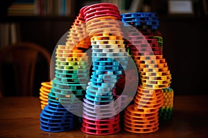a colorful slinky stretching between two stacks of paperwork