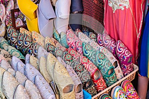 Colorful slippers for sale in a market in a souk in the Medina around the Jemaa el-Fnaa square in Marrakesh