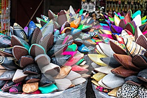 Colorful slippers for sale in Marrakesh souq, Morocco