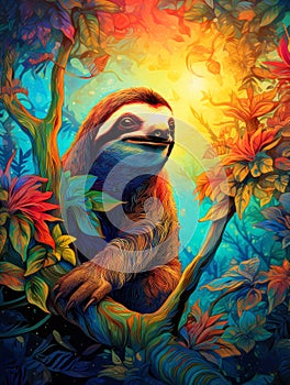 Colorful sloth on the branch in rainforest