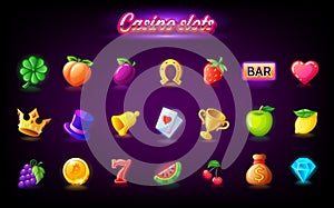 Colorful slots icon set for casino slot machine, gambling games, icons for mobile arcade and puzzle games vector