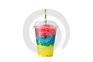 Colorful slushie with straw in plastic cup