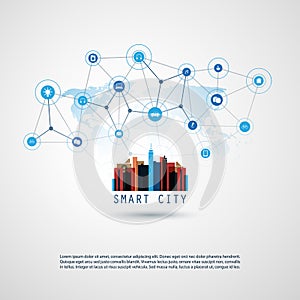 Colorful Smart City, Cloud Computing Design Concept with Icons - Digital Network Connections, Technology Background