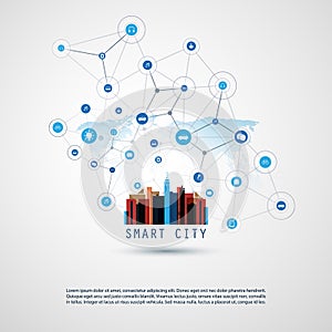 Colorful Smart City, Cloud Computing Design Concept with Icons - Digital Network Connections, Technology Background