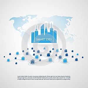 Colorful Smart City, Cloud Computing Design Concept with Icons - Digital Network Connections, Technology Background
