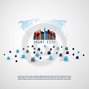 Colorful Smart City, Cloud Computing Design Concept with Icons - Digital Network Connections, Technology Background