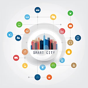 Colorful Smart City, Cloud Computing Design Concept with Icons - Digital Network Connections, Technology Background